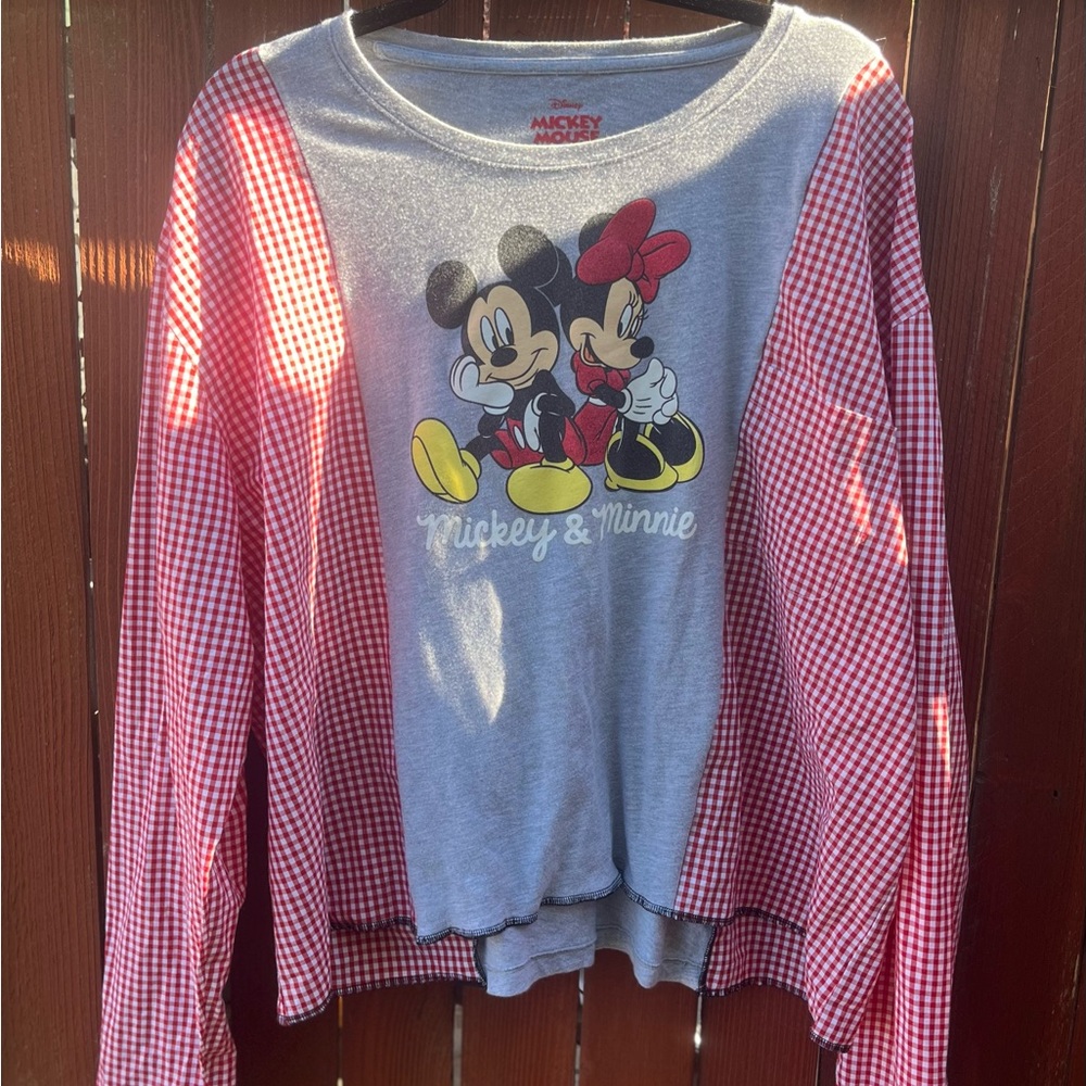 Mickey & Minnie reworked Gray and Red Long Sleeve Shirt - Picture 1 of 4